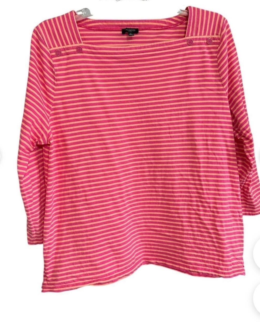 Talbots Striped Square Neck Button Shoulder Top Pink Coral Knit XL